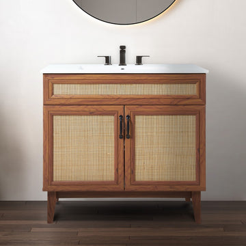 Javer Rattan Modern Farmhouse 2-Shelf Bath Vanity Cabinet Only (Sink Basin not Included)
